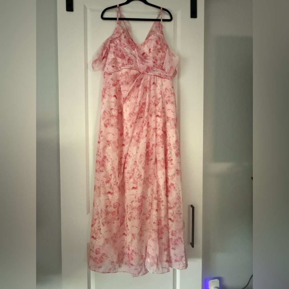 🌸 Pink & Red Floral Chiffon Maxi Dress – Size 16